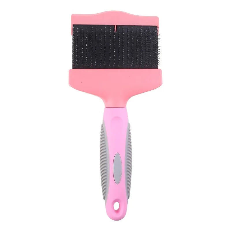Blue double-sided pet brush with stainless steel pins on a white background, showing both gentle and firm bristle sides.