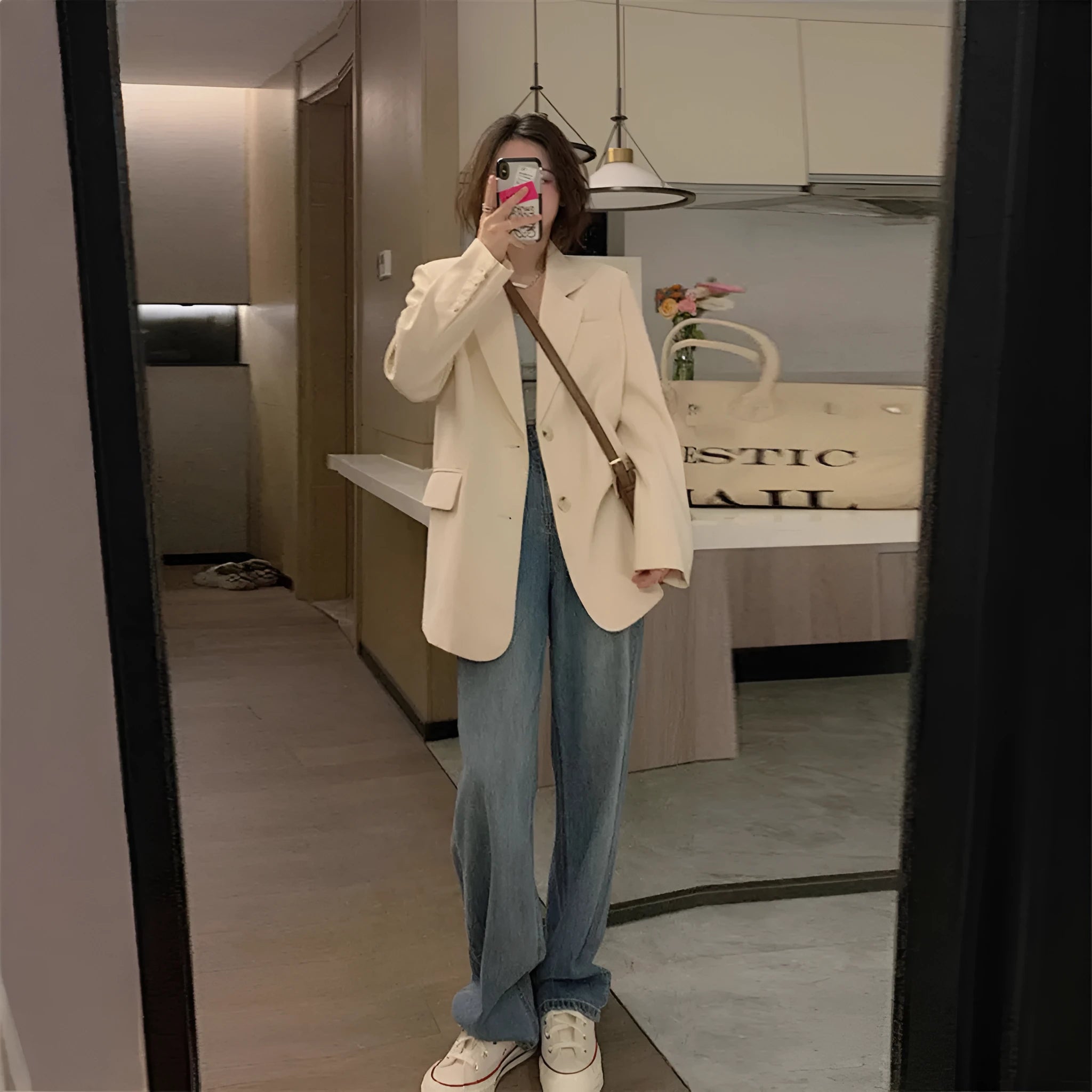 Korean street style polyester suit jacket in milky white colour with pocket detailing and regular sleeves