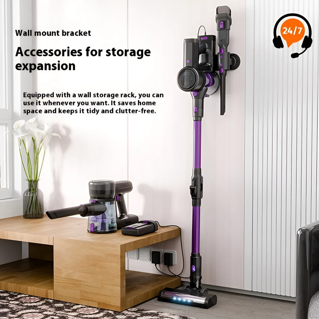 Handheld vacuum cleaner with brushless motor, foldable design, black and purple standard colour
