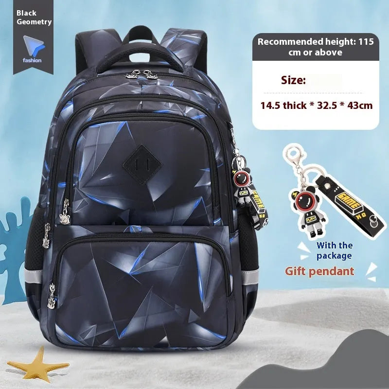 Blue dinosaur pattern children's waterproof school backpack with curved shoulder straps.