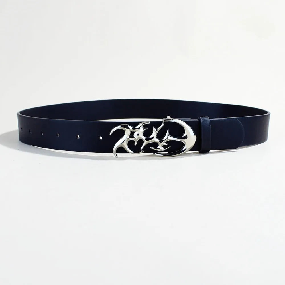 Casual silver buckle belt made from PU leather with snap button fastening