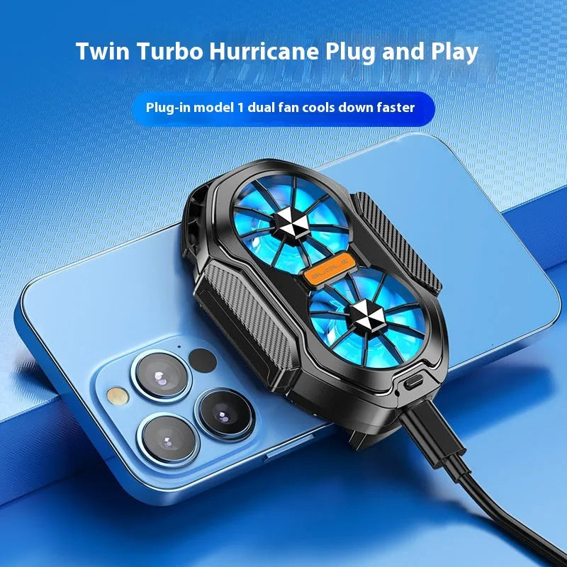 FS01 Twin Fan Air-cooled Charging Mobile Phone Radiator with built-in battery and adjustable clamp on a smartphone