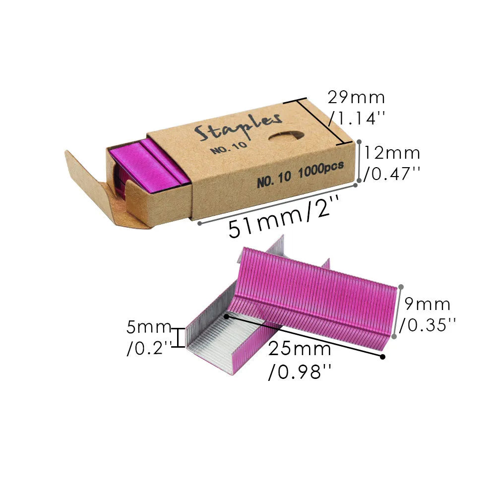 Box of 1000 metal office staples available in black, purple, rose gold, and rose red colours.