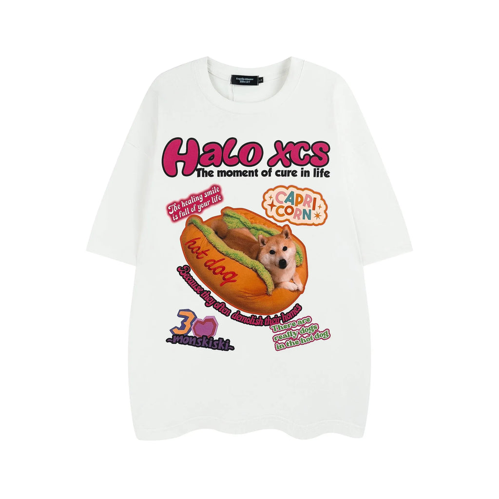 Cartoon hamburger and dog printed cotton t-shirt in loose fit with round neck