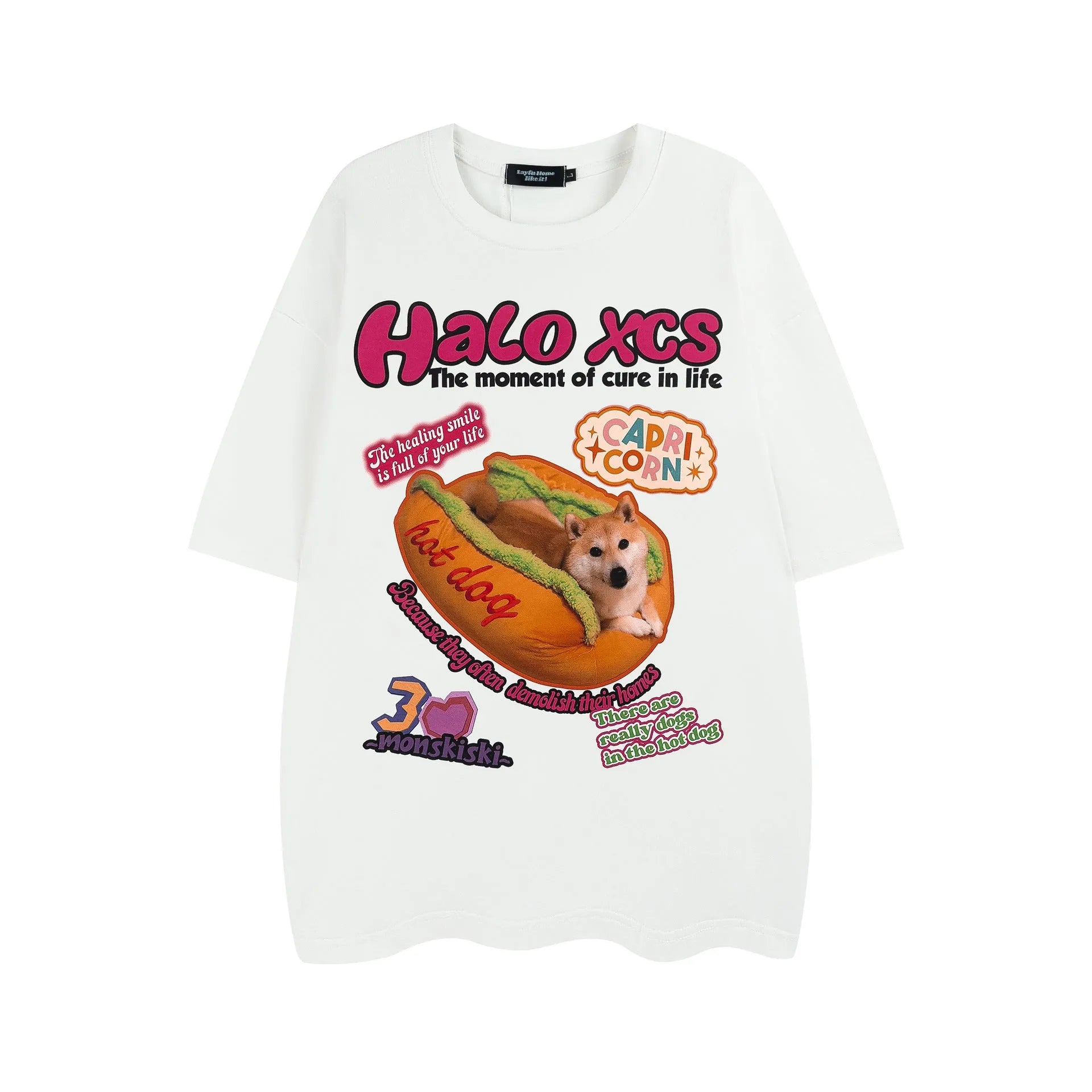 Cartoon hamburger and dog printed cotton t-shirt in loose fit with round neck