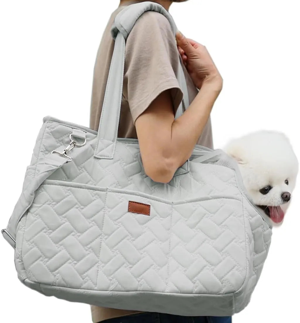 Grey pet carrier handbag with mesh panels and safety cord for cat or small dog transport