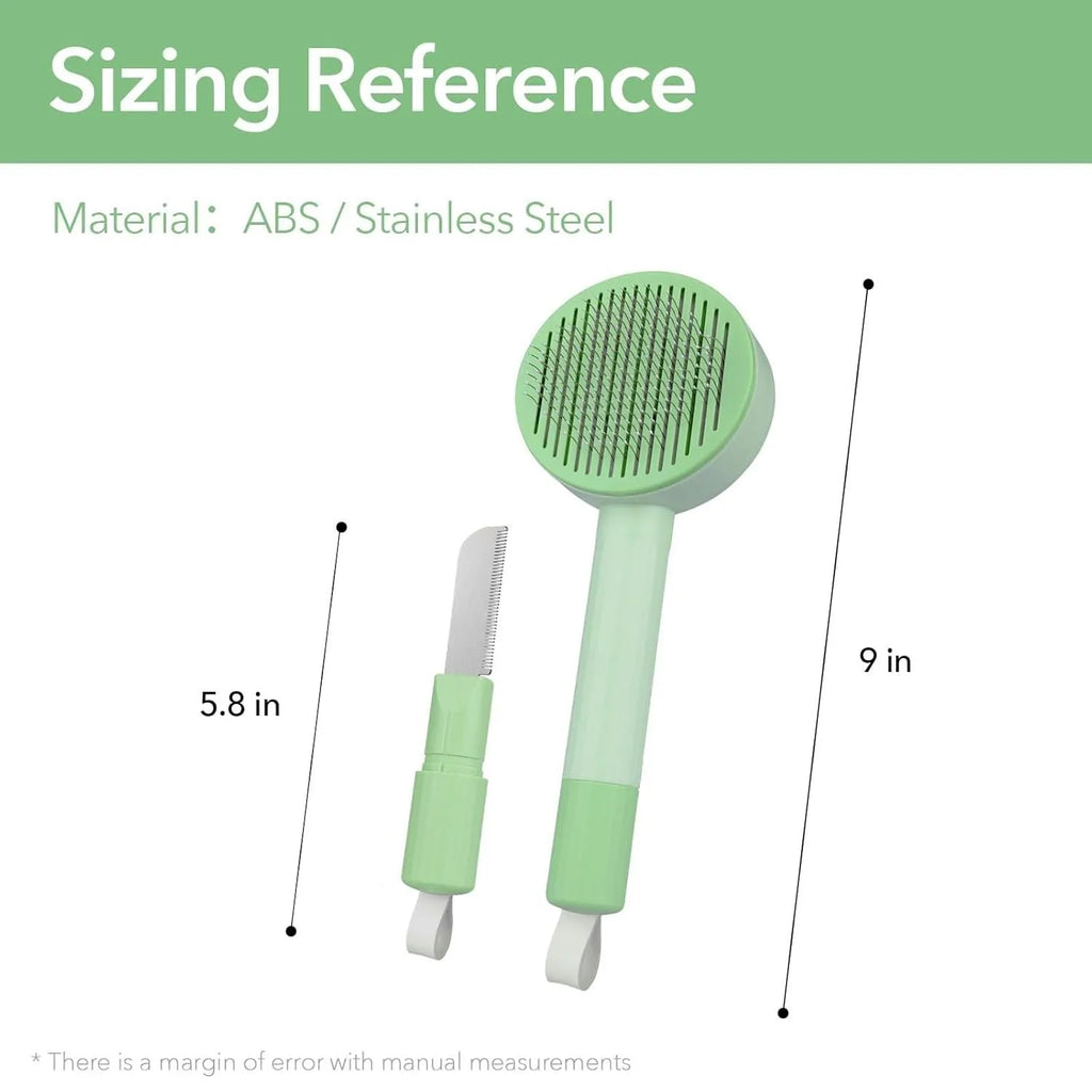 Green and yellow pet grooming brush with stainless steel teeth for deshedding cats and dogs