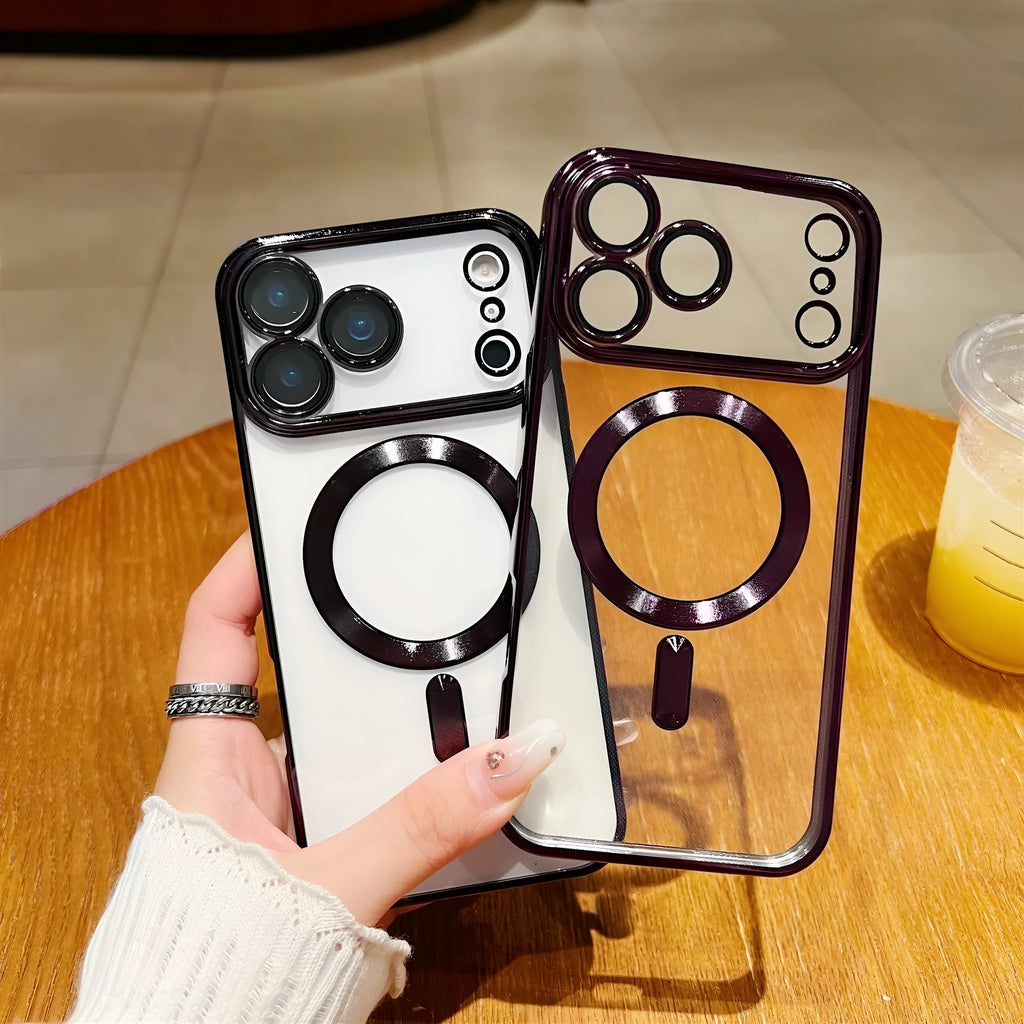 TPU magnetic suction phone case with tail electroplating and transparent lens protector in Black for iPhone 13-17 series