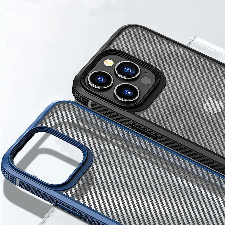 Black iPhone 13 protective case with carbon fibre pattern showing back and side view