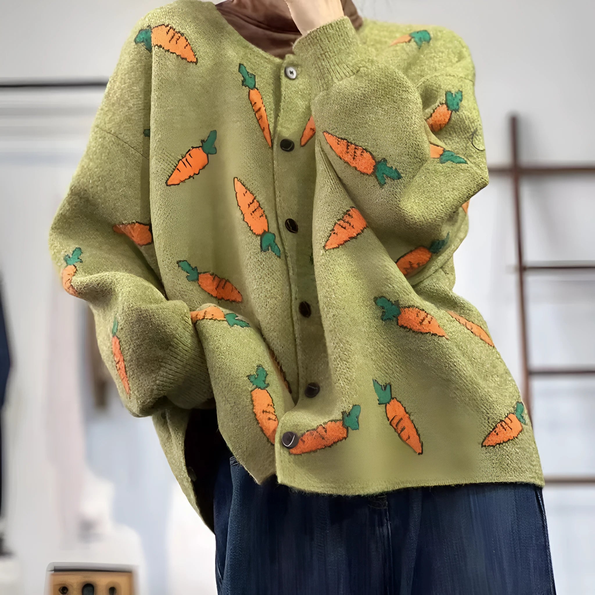 Loose round neck cardigan with Mori artistic colour contrast printing, viscose fabric