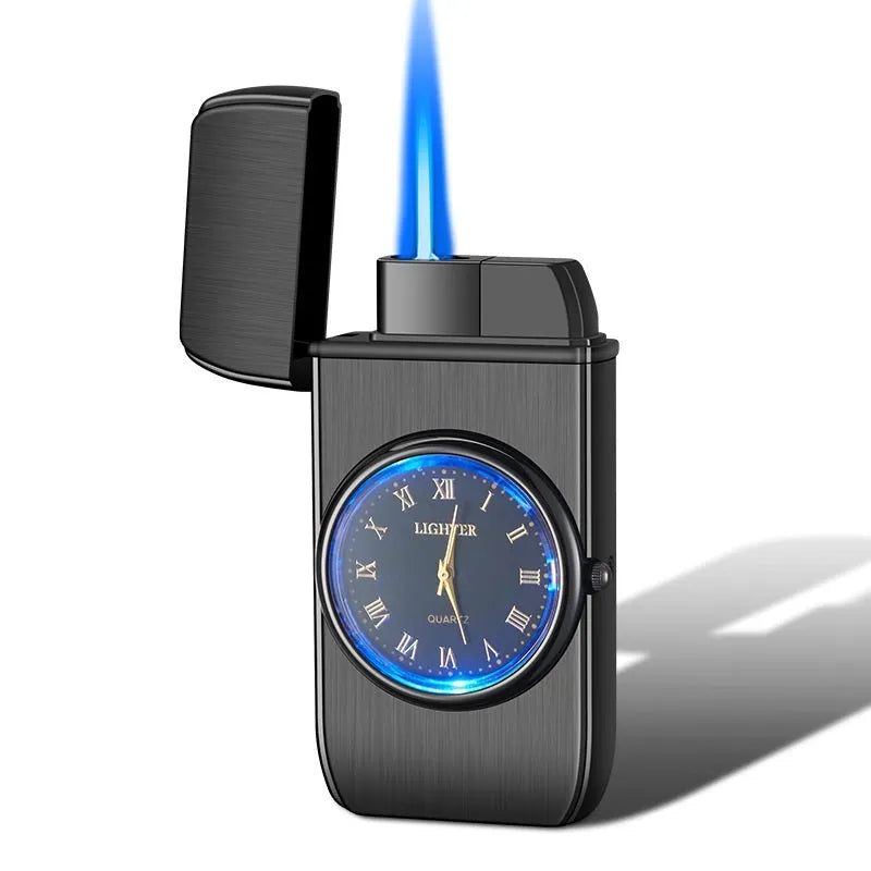 Multifunctional electronic watch and gas lighter with LED lamp in metal casing, shown in various brushed and textured finishes.