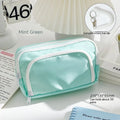 Double layer zippered pencil case in blue with an attached carry handle, showing two compartments.