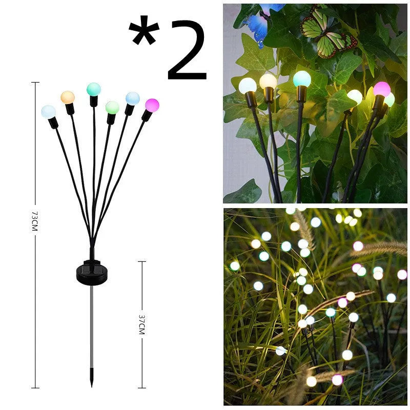 Solar-powered LED firefly ground lamp with multiple heads and ground spike for garden installation