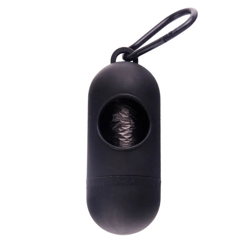 Small rectangular dog poop bag holder with a Velcro strap and metal hook, shown in a choice of colours.