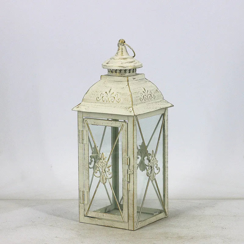 European style wrought iron floor-standing storm lantern with tempered glass panels in black or white finish