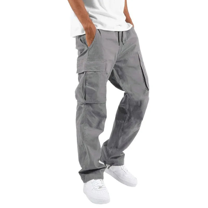 Trade drawstring multi-pocket casual trousers in black cotton blend, loose fit work clothes