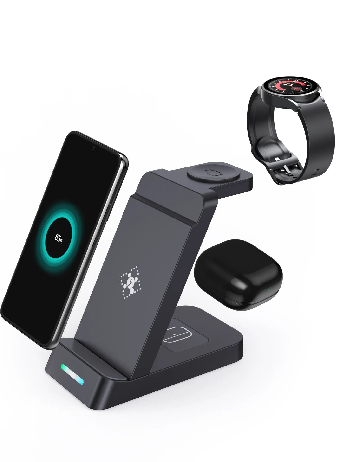 Black 3-in-1 wireless charging dock with phone in stand mode, AirPods case, and smartwatch charging simultaneously.