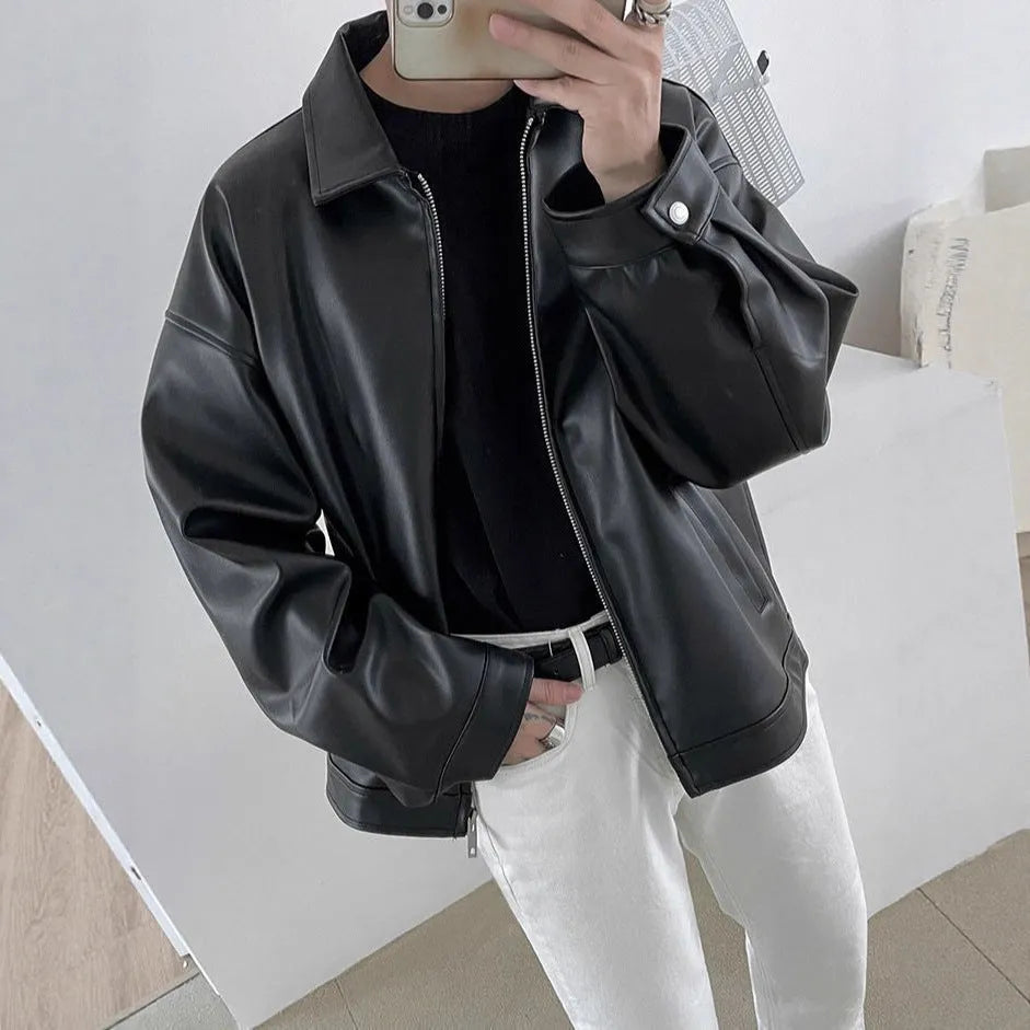 Men's black leather-style casual baseball jacket with loose fit and side seam pockets