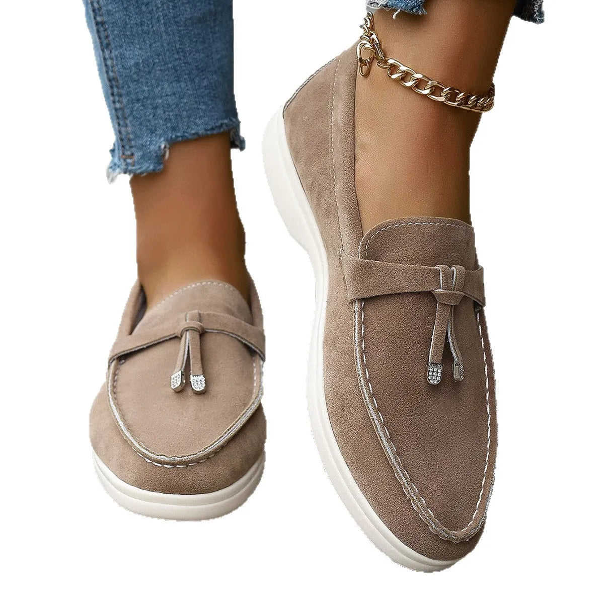 Women's casual tassel one pedal loafers in brown with round toe and low flat heel on a white background