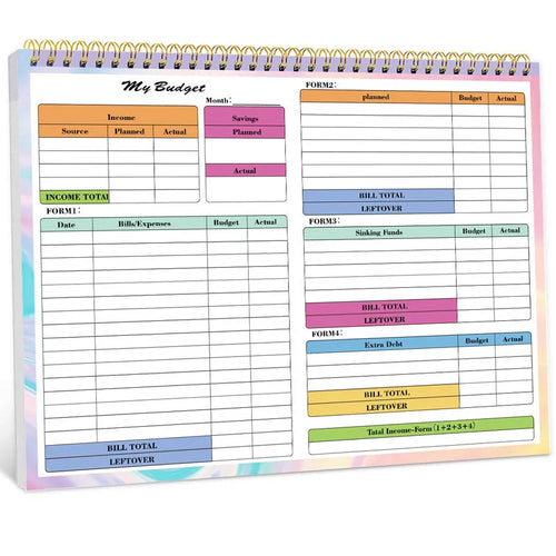 B5 budget tally book with blue PP cover and spiral binding open to show financial recording pages
