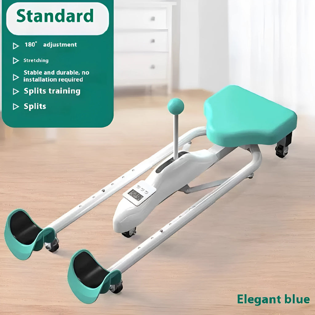A pink leg stretching device with a steel frame and foam padding, shown alongside a blue model with a backrest.