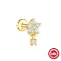 S925 sterling silver geometric moon and star drop earrings with diamond accents on a gold tone.
