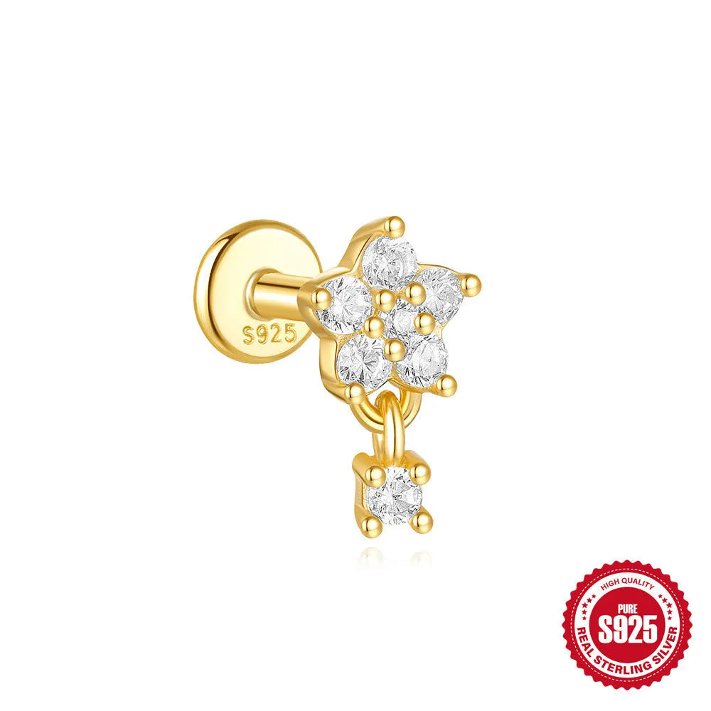 S925 sterling silver geometric moon and star drop earrings with diamond accents on a gold tone.