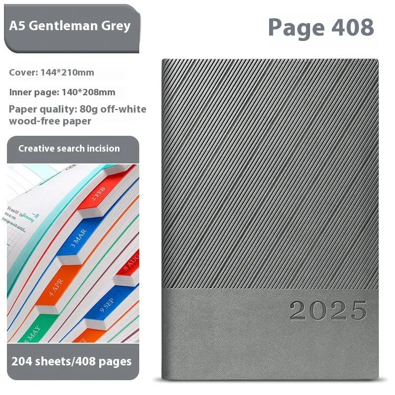 Executive A5 business notepad with striped PU leather cover open showing 80g wood-free paper