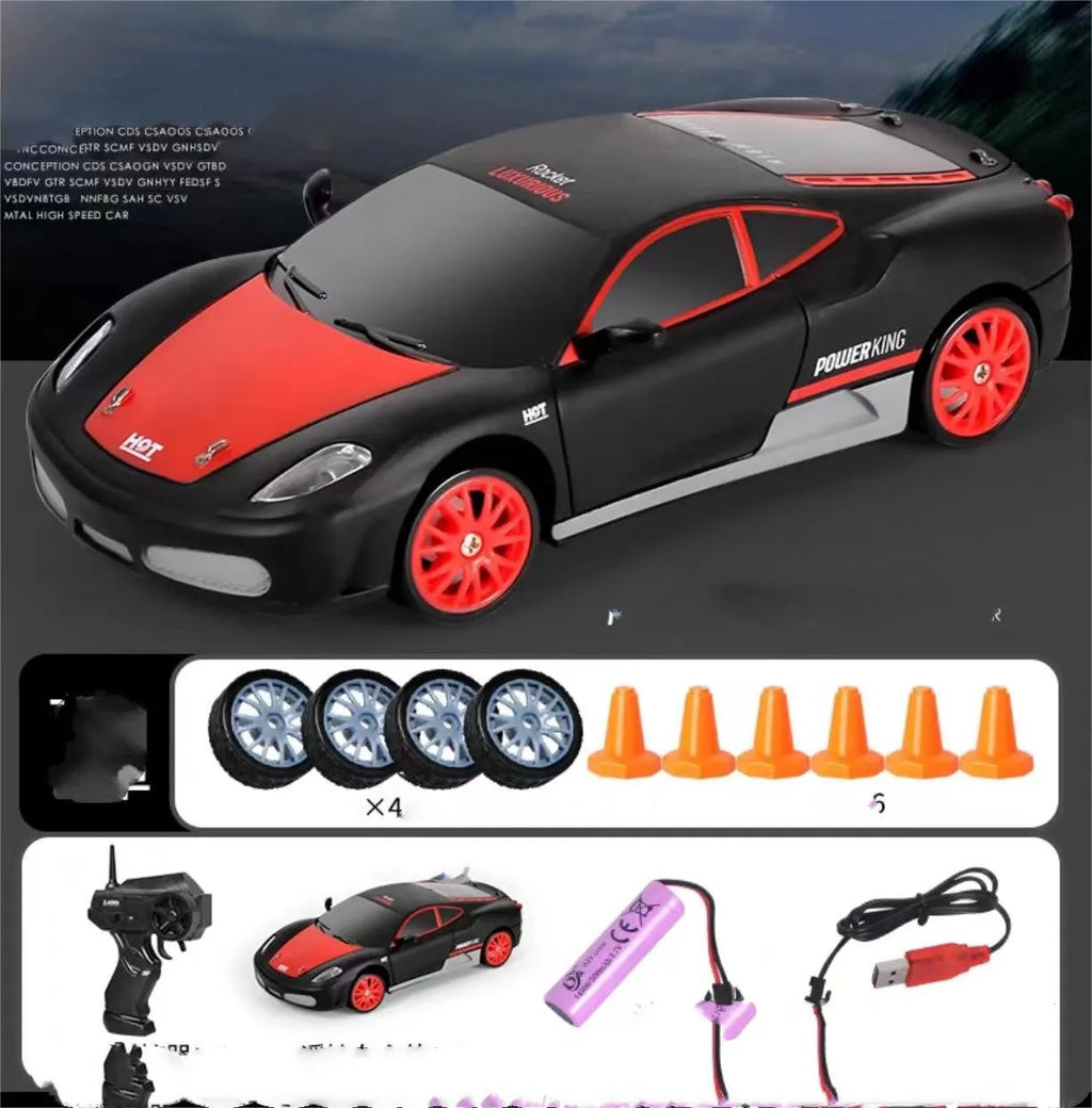 1:24 scale RC drift car with 4WD, 2.4GHz remote, GTR AE86 body, 4 racing tyres and 6 traffic cones