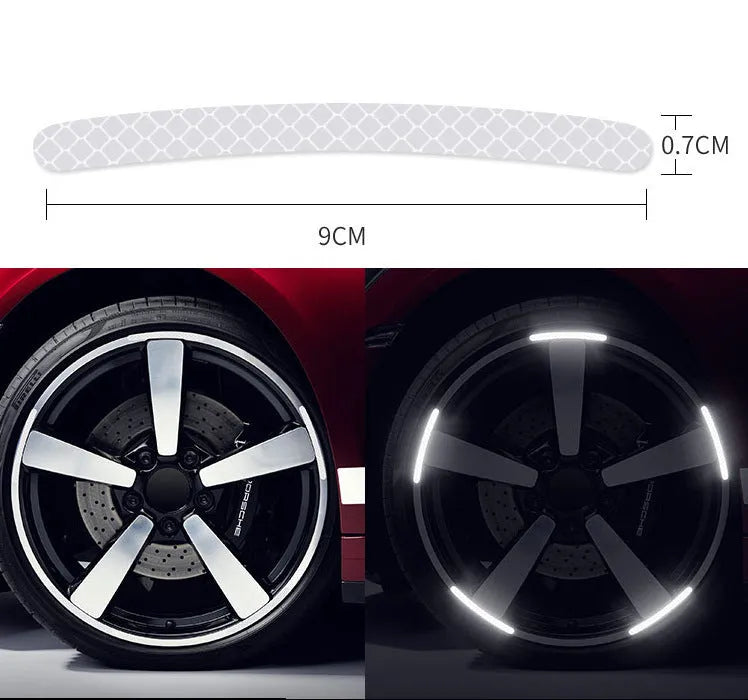 Twenty-piece pack of arc-pattern PVC reflective stickers for car wheel hubs in various colours