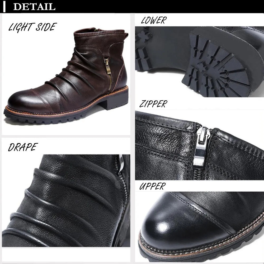 Black mid-calf cowboy boots with side zipper, round toe, and a medium horseshoe heel.
