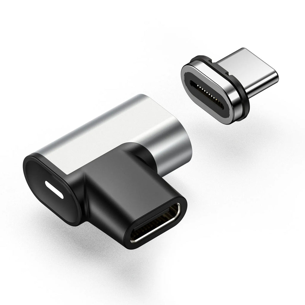 PD 100W USB-C adapter with aluminium alloy body, shown as Type-C elbow or straight magnetic head connector for phones and tablets