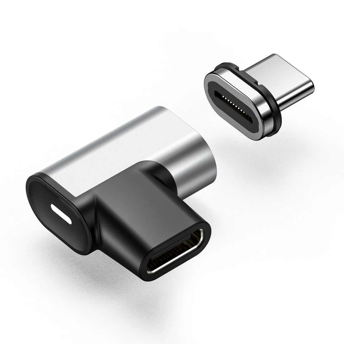 PD 100W USB-C adapter with aluminium alloy body, shown as Type-C elbow or straight magnetic head connector for phones and tablets