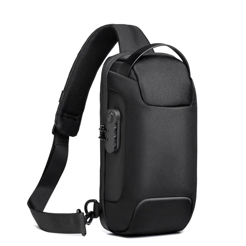 Black waterproof Oxford cloth crossbody bag with a shoulder strap, showing a USB port and multiple compartments.