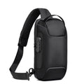 Black waterproof Oxford cloth crossbody bag with a shoulder strap, showing a USB port and multiple compartments.