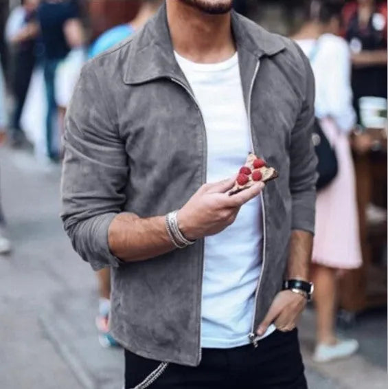Men's slim turn-down collar jacket in khaki with zip front and long sleeves