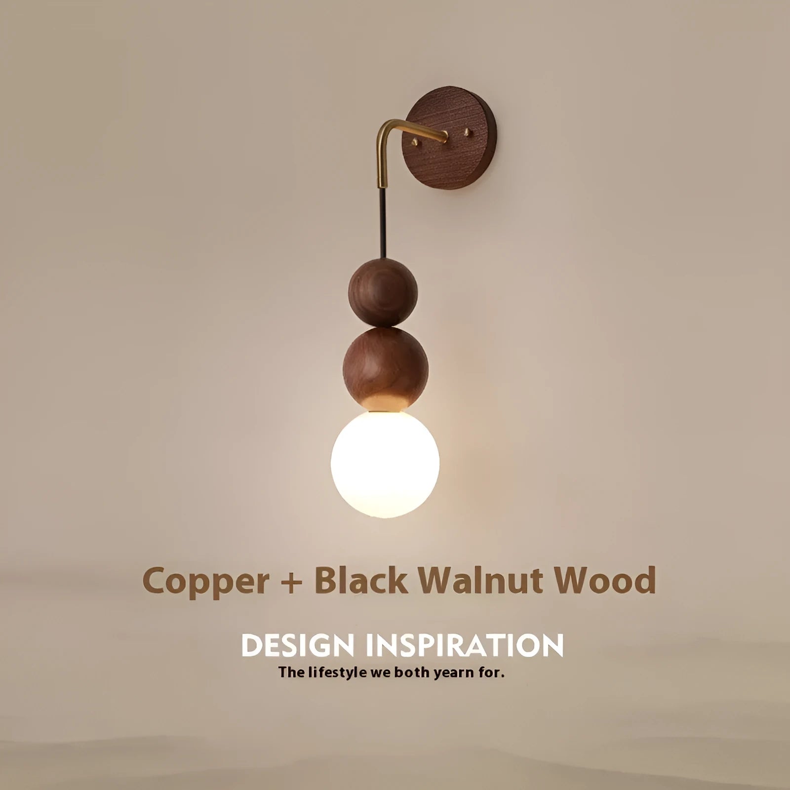 Wood and copper cylindrical wall lamp with suspension wire, showing Walnut and copper colour variants.