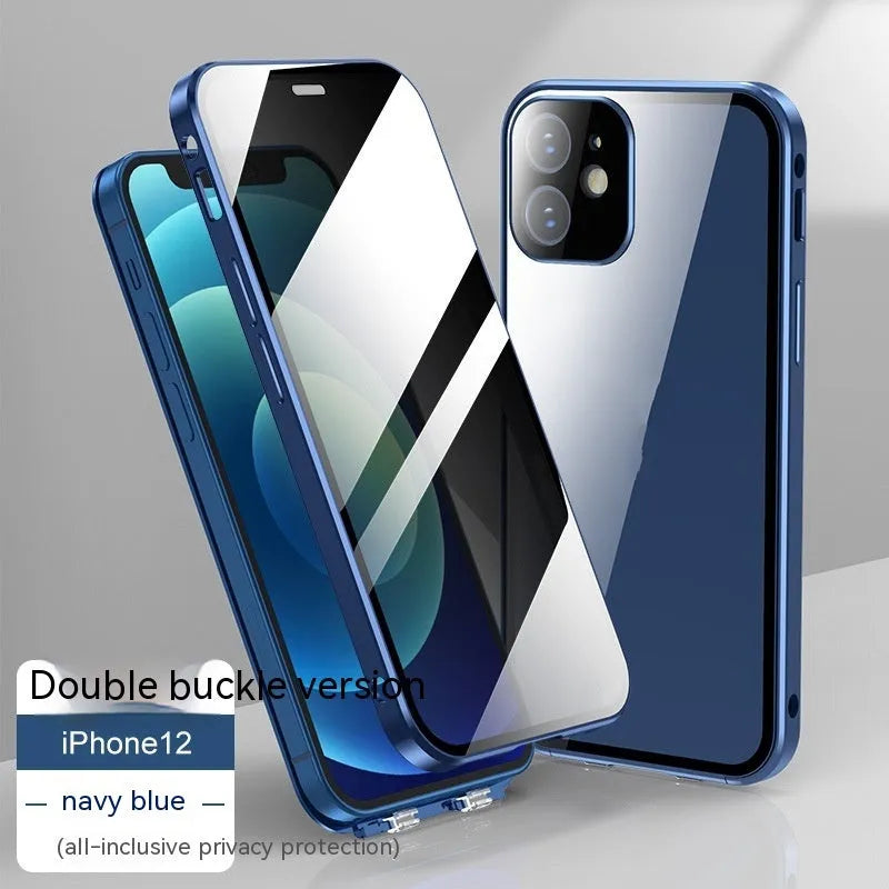 Glass privacy phone case with double-sided buckle for Apple iPhone, shown in multiple colour options.