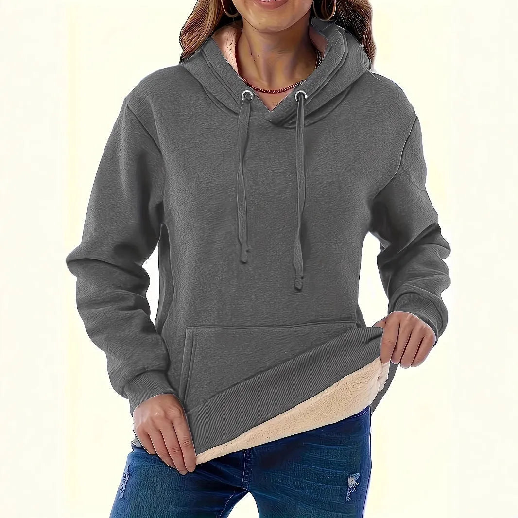 Women's black hooded sweater with 3D pattern design and front pockets