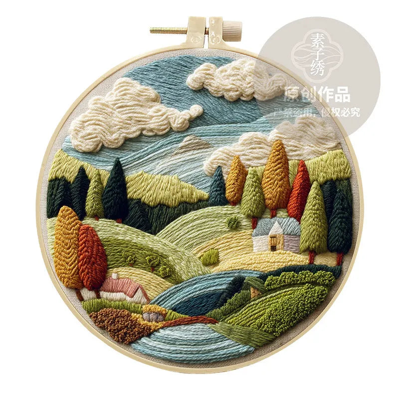 Embroidery DIY kit with landscape printed fabric, threads, needles and 15cm bamboo frame