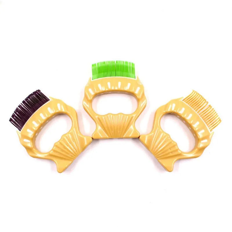 Shell-shaped pet grooming brush with bent wire bristles in green, orange and purple colour options