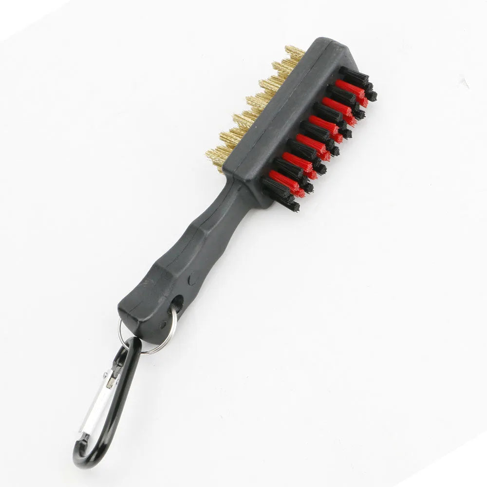 Double-sided golf club cleaning brush with nylon and steel wire bristles, measuring 12.5 x 5 cm