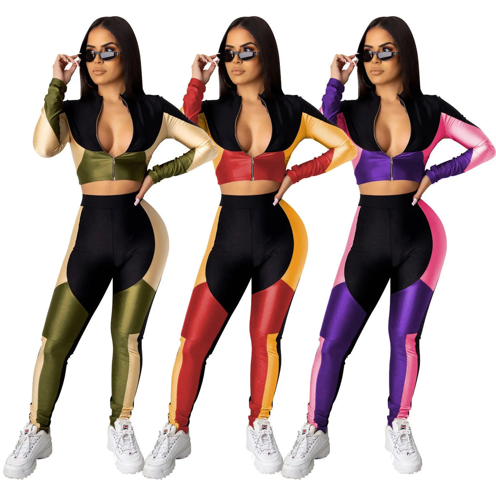 Women's solid colour sports two-piece suit with three-colour stitching, long sleeves, elastic satin fabric