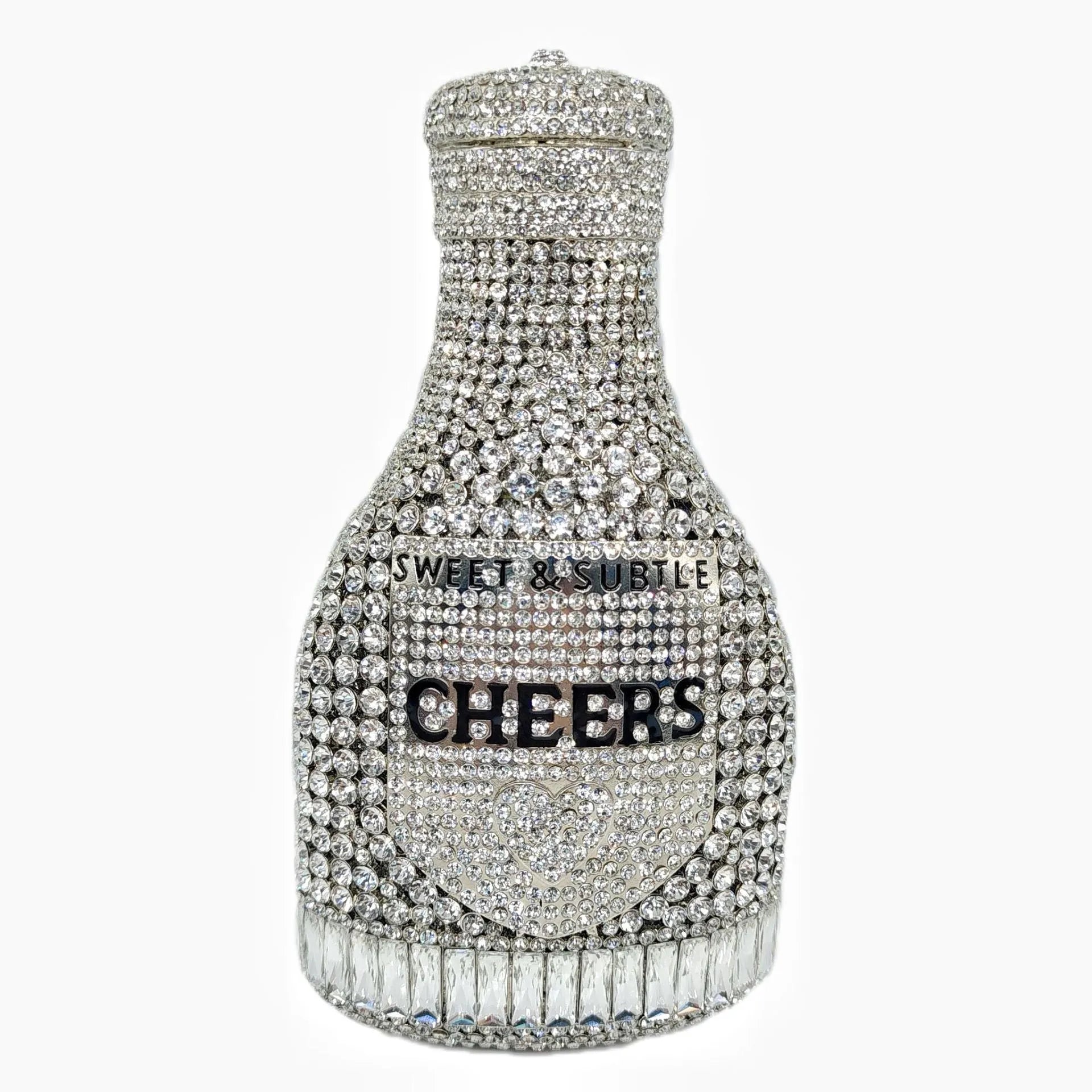 Gold champagne bottle shaped evening clutch with rhinestone decoration on black background