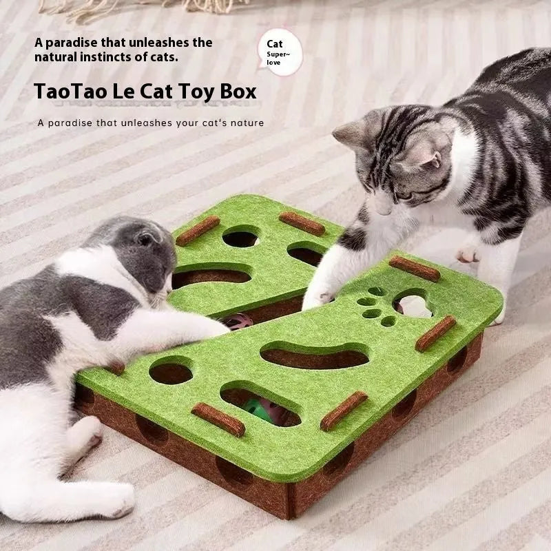 Green brown felt cat toy box with self-hi feature measuring 30cm square