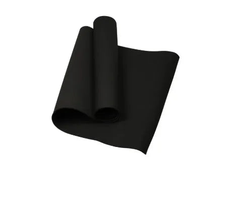 EVA foam yoga mat in blue, showing textured anti-slip surface, with a black OPP storage bag beside it.