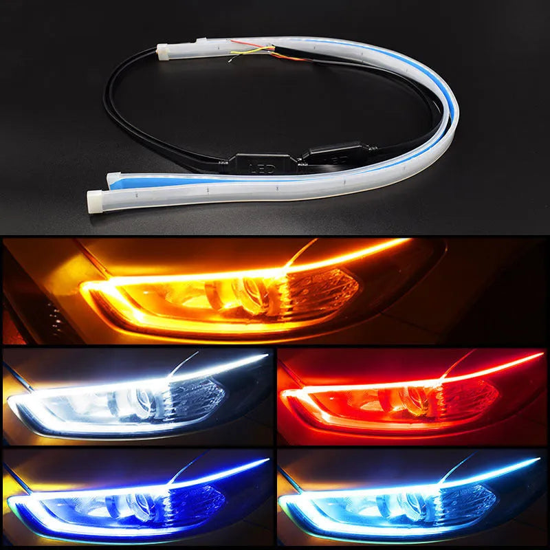 Car LED daytime running light strip with flowing turn signal effect in blue to yellow colour.