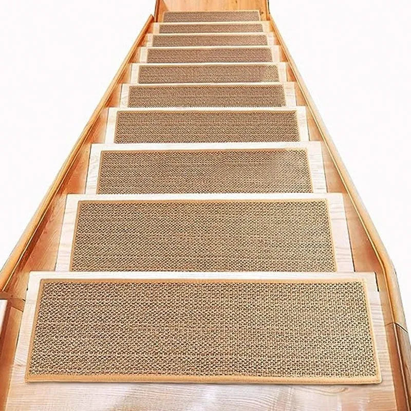 Japanese-style solid colour linen-like stair mat on wooden steps, 20cm by 76cm.