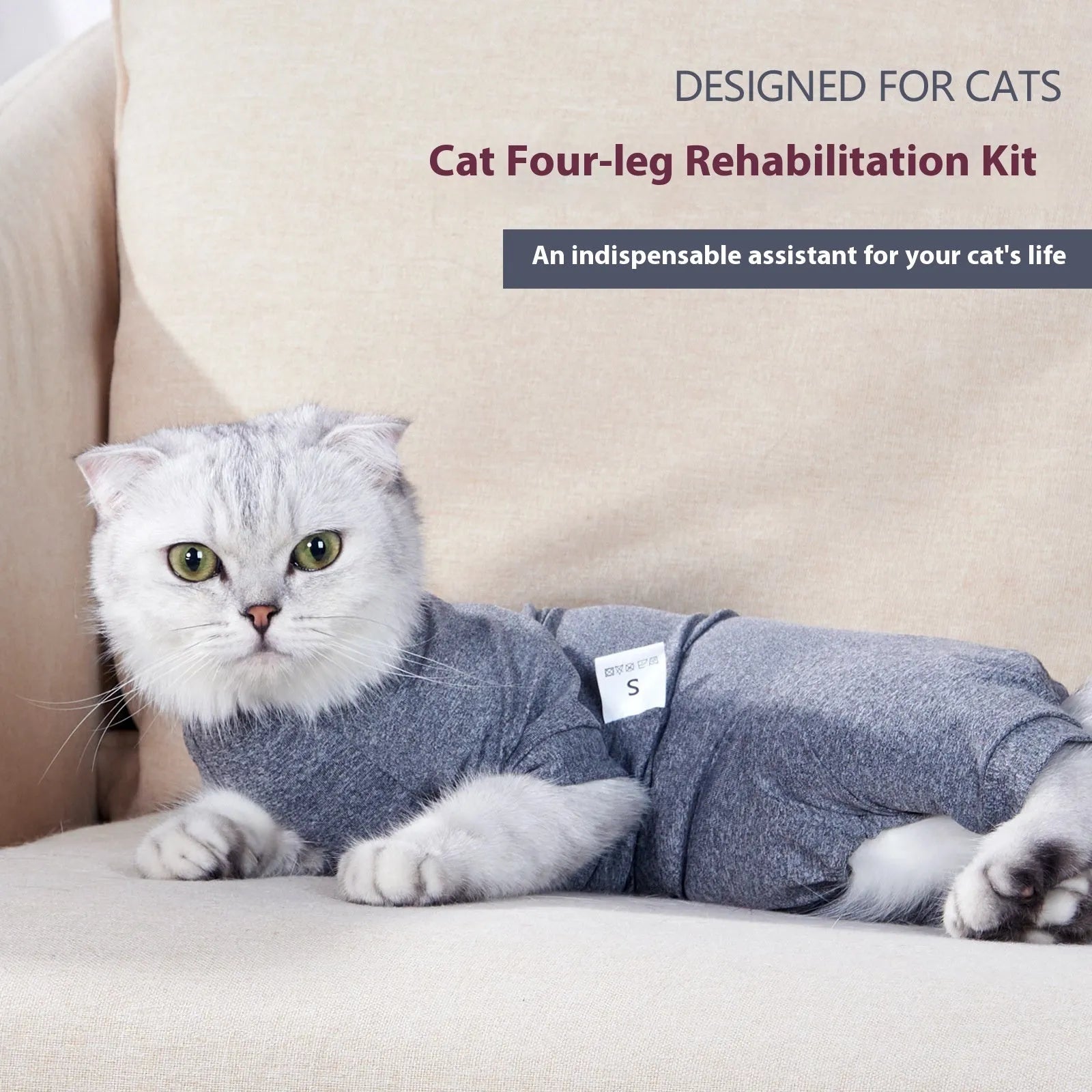 Cat neutering recovery suit in blending gray polyester with sizes XS to L for post-surgery wound protection