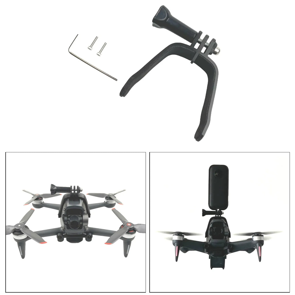 3D printed hard plastic expansion bracket with sponge padding for top-mounting GoPro cameras on FPV drones.